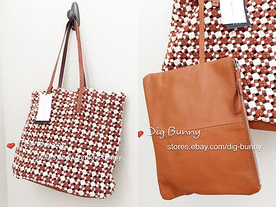 NWT ZARA WOVEN LEATHER FABRIC SHOPPER BRAIDED LARGE TOTE BAG TAN WHITE 4094/004