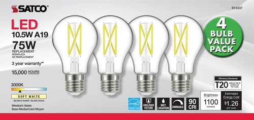 4 Pack LED Clear Filament Bulbs 120V 10.5W =75W A19 Medium E26 3000K Soft White - Picture 6 of 8