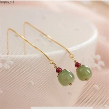 Jade Gold Line Drop Long Earring Female Ear Line Red Garnet Bead Jewelry