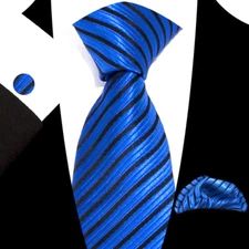 Classic Striped Black Blue Jacquard Silk Men's Tie Necktie Hanky Cufflink Set