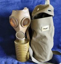French M2 gas or Belgian M51 mask w/ Canvas Bag and Soviet-era Filter Cannister