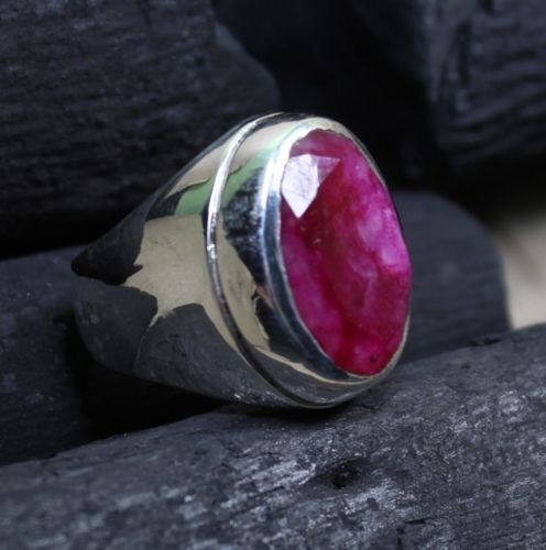 Solid 925 Sterling Silver Natural Ruby Corundum Cut Gemstone Signet Men's Ring