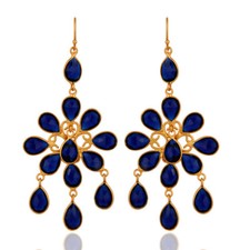 Blue Corundum Gemstone Gold Plated 925 Silver Chandelier Wedding Earrings