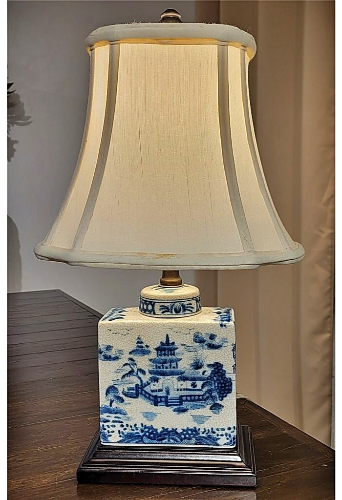 Blue, White Rectangular Box Chinoiserie Lamp. Hand Painted. With Lampshade.