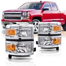 Fit for 2014 2015 Chevy Silverado 1500 Headlights Halogen Chrome Amber Headlamp