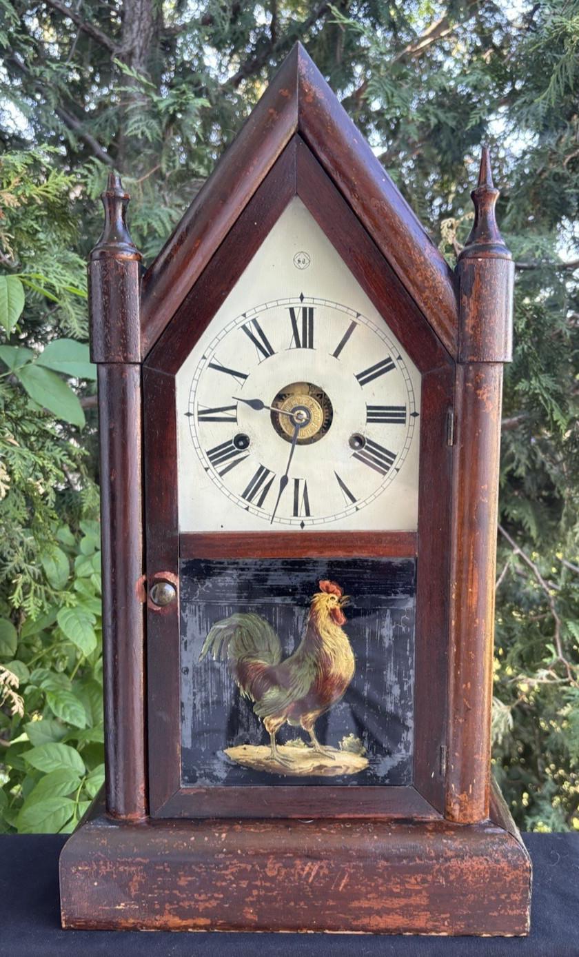 Antique 1870s Seth Thomas Steeple Mantle Alarm Clock - Video - RARE ROOSTER DOOR