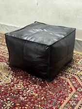 Ottoman Boho Pouffe Moroccan Leather Footstool Genuine Black Handmade Unstuffed