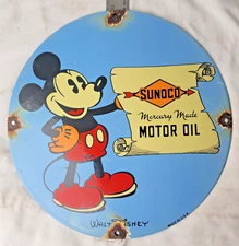 VINTAGE SUNOCO DISNEY MICKEY MOUSE PORCELAIN SIGN PUMP PLATE GAS STATION OIL