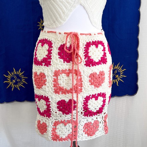 Handmade Crochet Hearts Mini Skirt Retro Granny Square Festival Mini