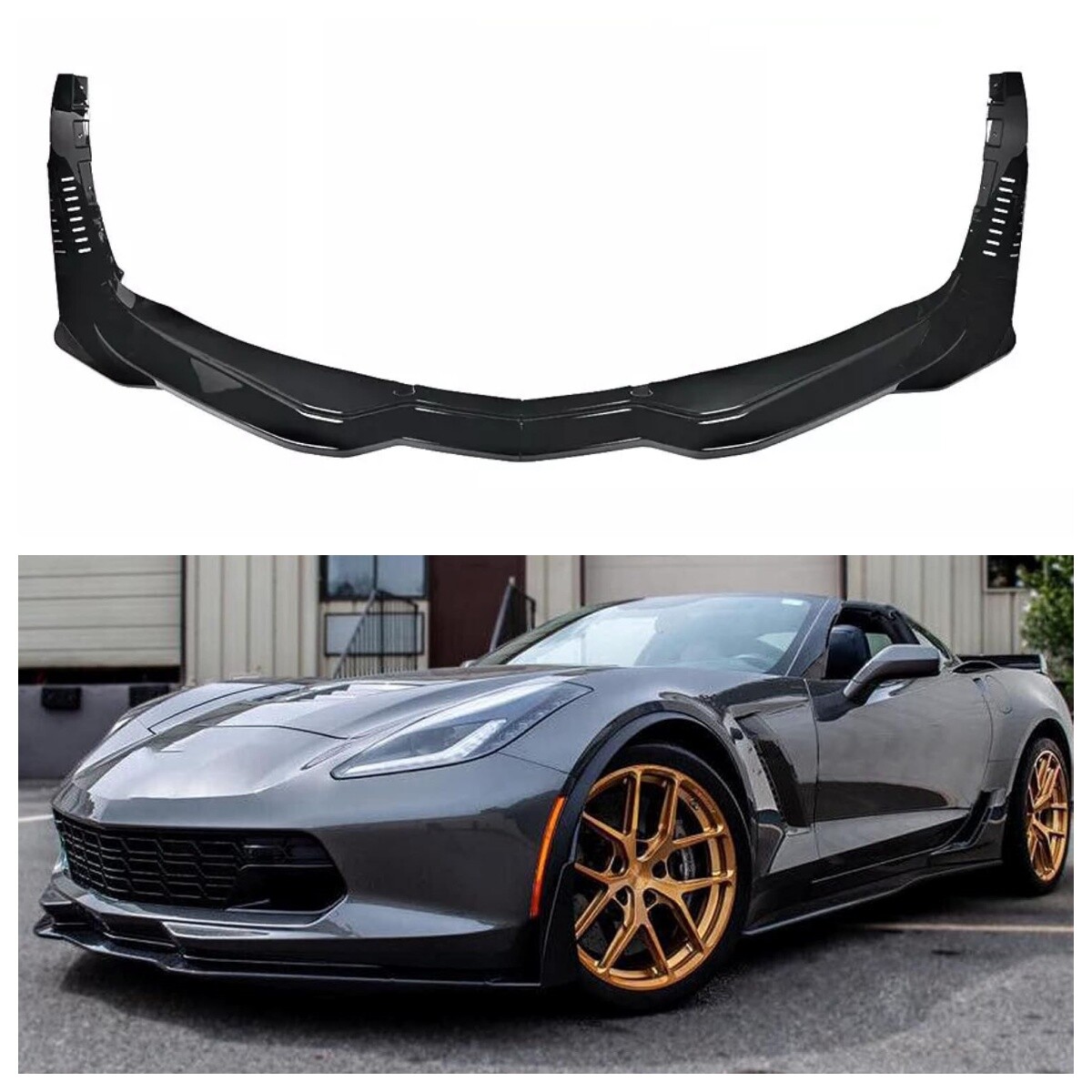 Front Lip Splitter & Side Winglets For 14-19 Corvette C7 Z06 Stage 3 Gloss Black