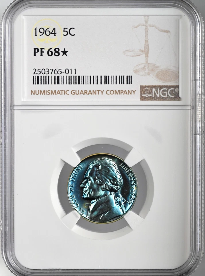 1964 5C PROOF JEFFERSON NICKEL NGC PF68 ☆STAR GRADE☆ DEEP BLUE TONING 2503765-01 - Image 2 of 4