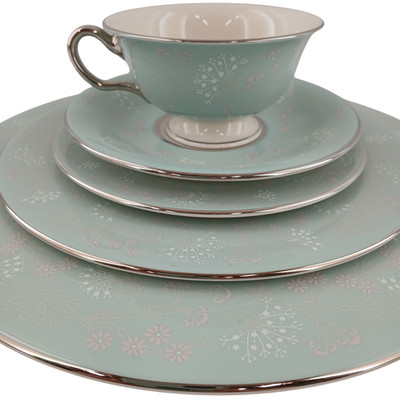 Castleton China  Corsage  Aqua Floral Dinnerware Set Of 5 Cup Plater Salad Bread