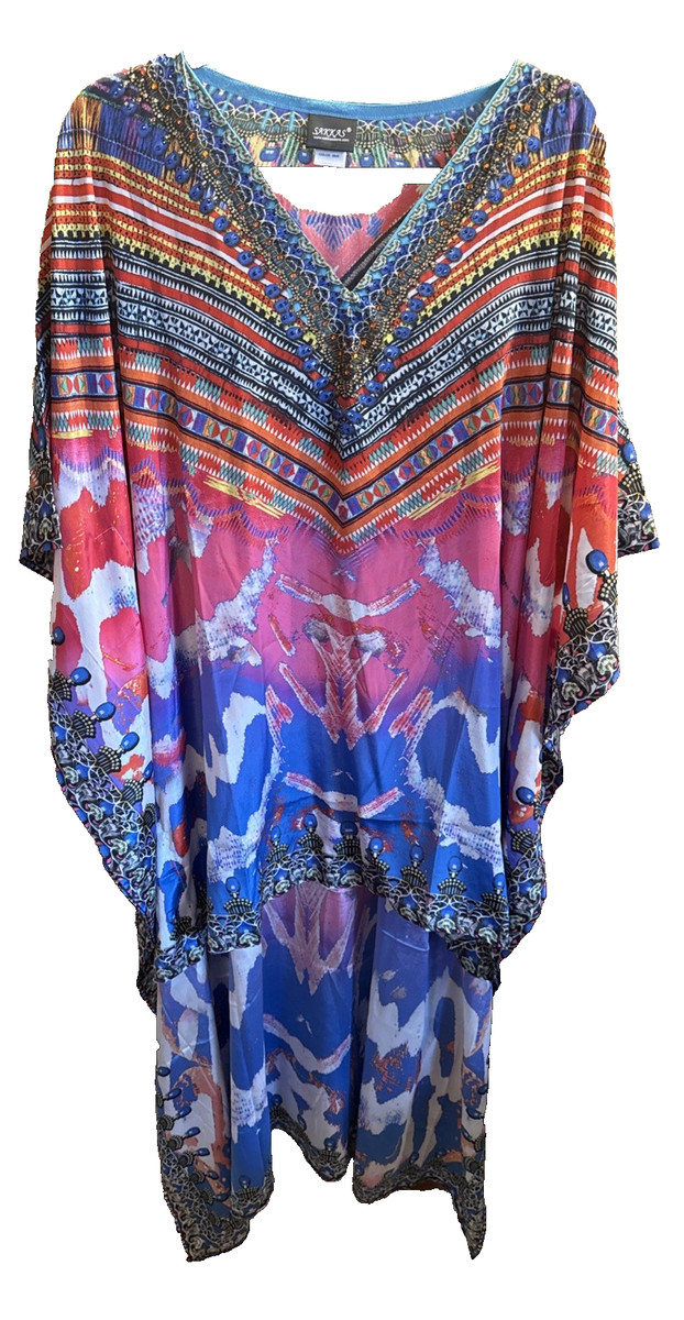 SAKKAS Flowing Jeweled Neckline Floral Kaftan Caftan Dress Robe One Size Hi-Low