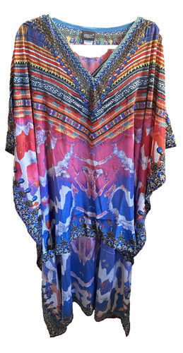 SAKKAS Flowing Jeweled Neckline Floral Kaftan Caftan Dress Robe One Size Hi-Low