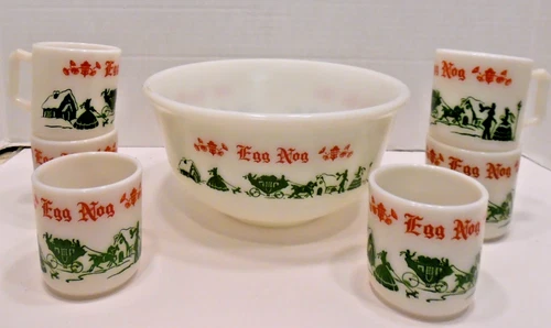 Hazel Atlas Tom & Jerry White Milk Glass 9" Bowl Mugs Set 6 Cups 1950's Vtg XMas