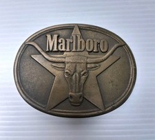 Vintage 1987 Marlboro Belt Buckle Solid Brass Philip Morris Longhorn Steer Star