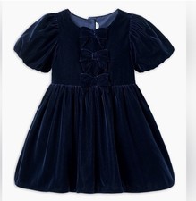NWT Janie And Jack Girls Puff Sleeve Bow Velvet blue Dress Size 3T