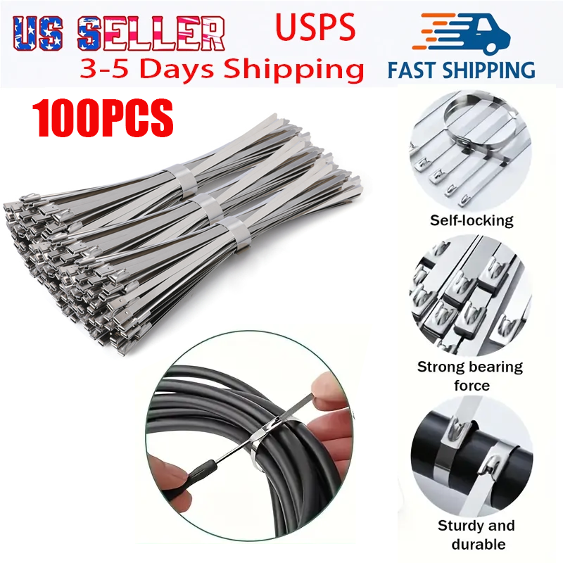 100 Pcs Stainless Steel Metal Zip Ties Heavy Duty Self-Locking Cable Ties US