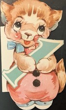 Vtg Birthday Card Adorable Little Kitten Dressed In Pink Holding No. 1 First BD