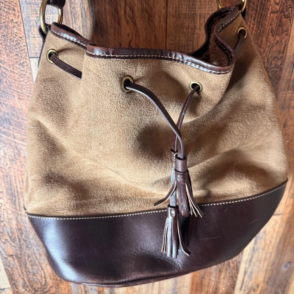 Lands' End Suede & Leather Bucket Bag Drawstring Shoulder Bag Purse - Image 2 of 4
