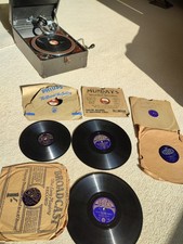 Vintage WH Smyths HMV  Portable Wind-Up Gramophone + Shellac 78s Records.