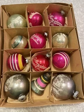 MIXED LOT 12 VTG SHINY BRITE STENCILS STRIPES BELL MERCURY GLASS ORNAMENTS