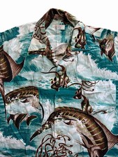 Vintage 1950's Penney's Rayon Hawaiian Shirt Made in Japan Loop Collar Med Fish