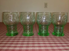 FOUR Anthropologie Helianthus Green Water Goblet Floral Glass 5.5" Portugal RARE