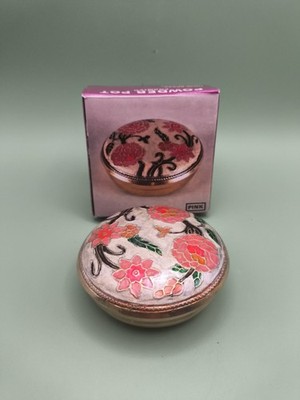 Vintage emaillierter Messing Puder Topf Blumendesign Hergestellt in Indien Schachtel Schmuck Waschtisch