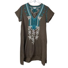 Johnny Was Workshop Embroidered Shift Dress Womens M Brown Floral Boho Tunic