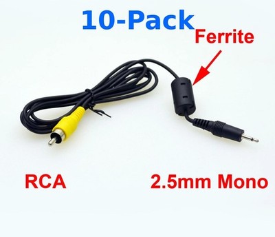 2.5mm Male Mono Plug to RCA Yellow Male AV Cable 5Ft with Ferrite Core (10-Pack)