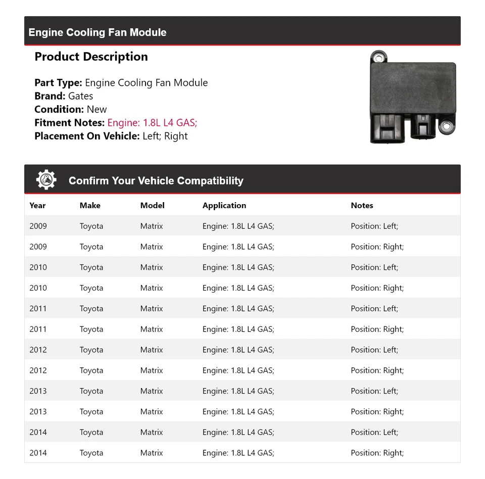 Módulo de ventilador de refrigeración de motor de gas L4 1,8 L Toyota Matrix 2009-2014 puertas 2010 Foto 2 de 4