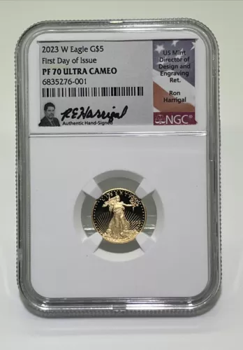 2023 W Gold Eagle Proof 1/10 oz $5 -NGC PF70 UCAM FDOI R Harrigal Top Pop Of 9