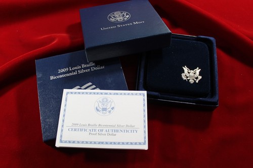 2009 LOUIS BRAILLE COMMEMORATIVE PROOF SILVER DOLLAR MINT PACKAGE, NO COIN, - Picture 2 of 3