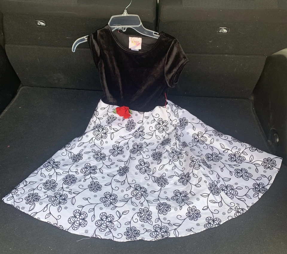 Vestido Dollie And Me Niñas Talla 10 Manga Corta Blanco y Negro Rosas Foto 3 de 4