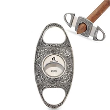Silver Cigar Cutter Carved Design 2 Blade Vintage Stainless Steel Guillotine