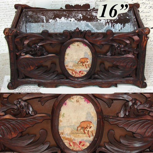 Antique Black Forest Carved 16" Jardiniere, Plant Box, Griffins with Fox & Lamb
