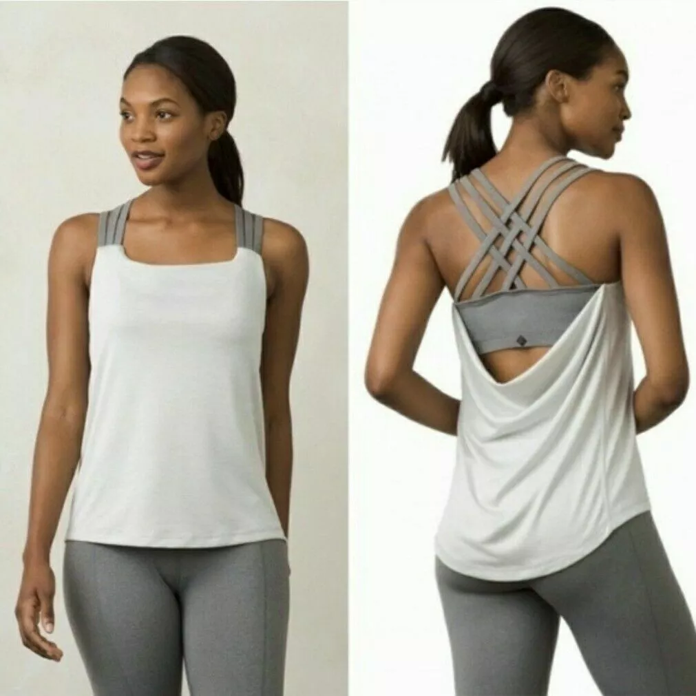 NEW prAna SILVER WATERFALL STRAPPY RACERBACK WORKOUT TANK TOP BUILT IN BRA  SZ L