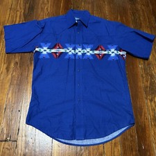 Vintage Wrangler Western Shirt Pearl Snap Blue Aztec Short Sleeve Men s Medium