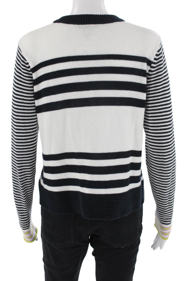 Cotton By Autumn Cashmere Unisex Dark Blue Striped Pullover Sweater Size M - Image 3 of 4