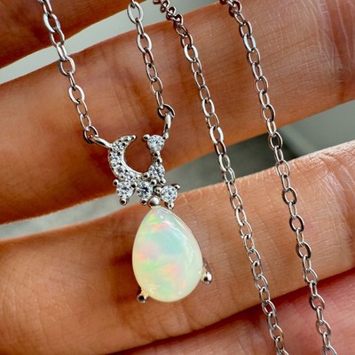 925 Sterling Silber Halskette 7x6mm Träne Natur Opal Edelstein Mond Schmuck