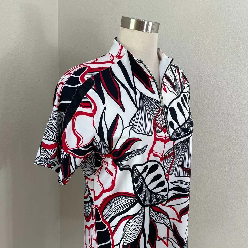 Camisa cauda feminina grande floral folha quarto de zíper golfe manga curta elástica - Imagem 4 de 4