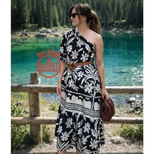 MANGO Asymmetric Floral Midi Dress NWT Black White Rare