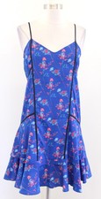 Thakoon Blue Floral Print Shift Dress Size 2 Flutter Hem V Neck Sleeveless