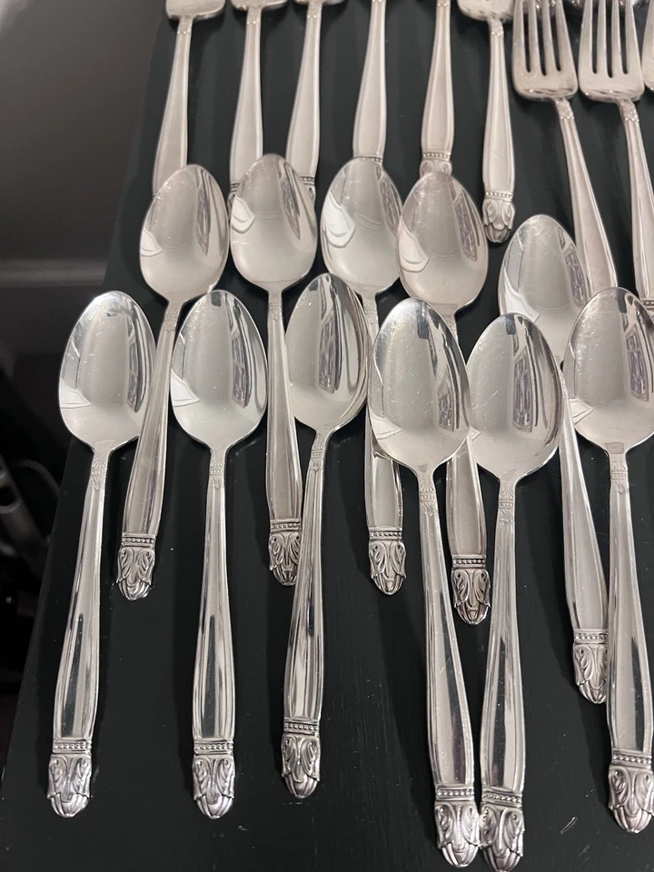 1938 Holmes & Edwards Датская принцесса Инкрустация Серебряная Тарелка Столовые приборы Сервис 50 шт. - Изображение 2 из 4