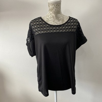 BLACK STRETCH TOP WITH LACE EFFECT FRONT CAP SLEEVES UK XL BNWOT