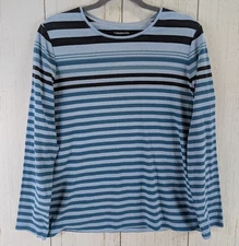 Croft Barrow Size XL CLassic Tee Blue Black Stripe Cotton Long Sleeve Top