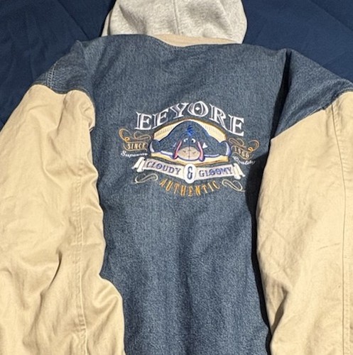 Chaqueta Universitaria Vintage Disney Eeyore Nublada y Sombría Denim Con Capucha (XXL) - Imagen 9 de 10