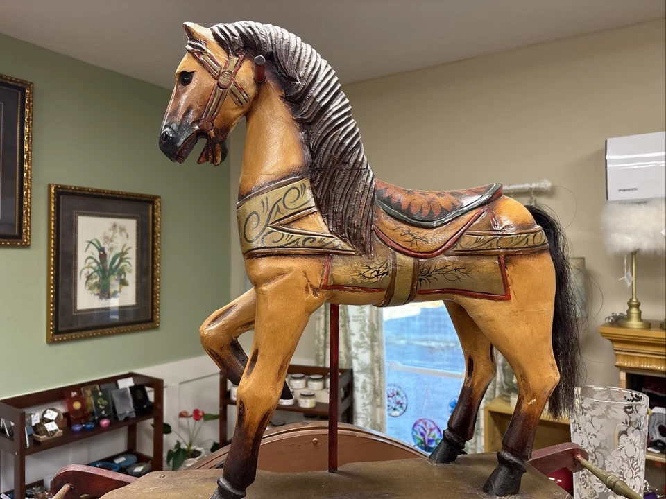 Vintage Antique Hand Carved Wooden Toy Rocking Horse 26” Cast Iron Wheels Cs200 - Image 3 of 4