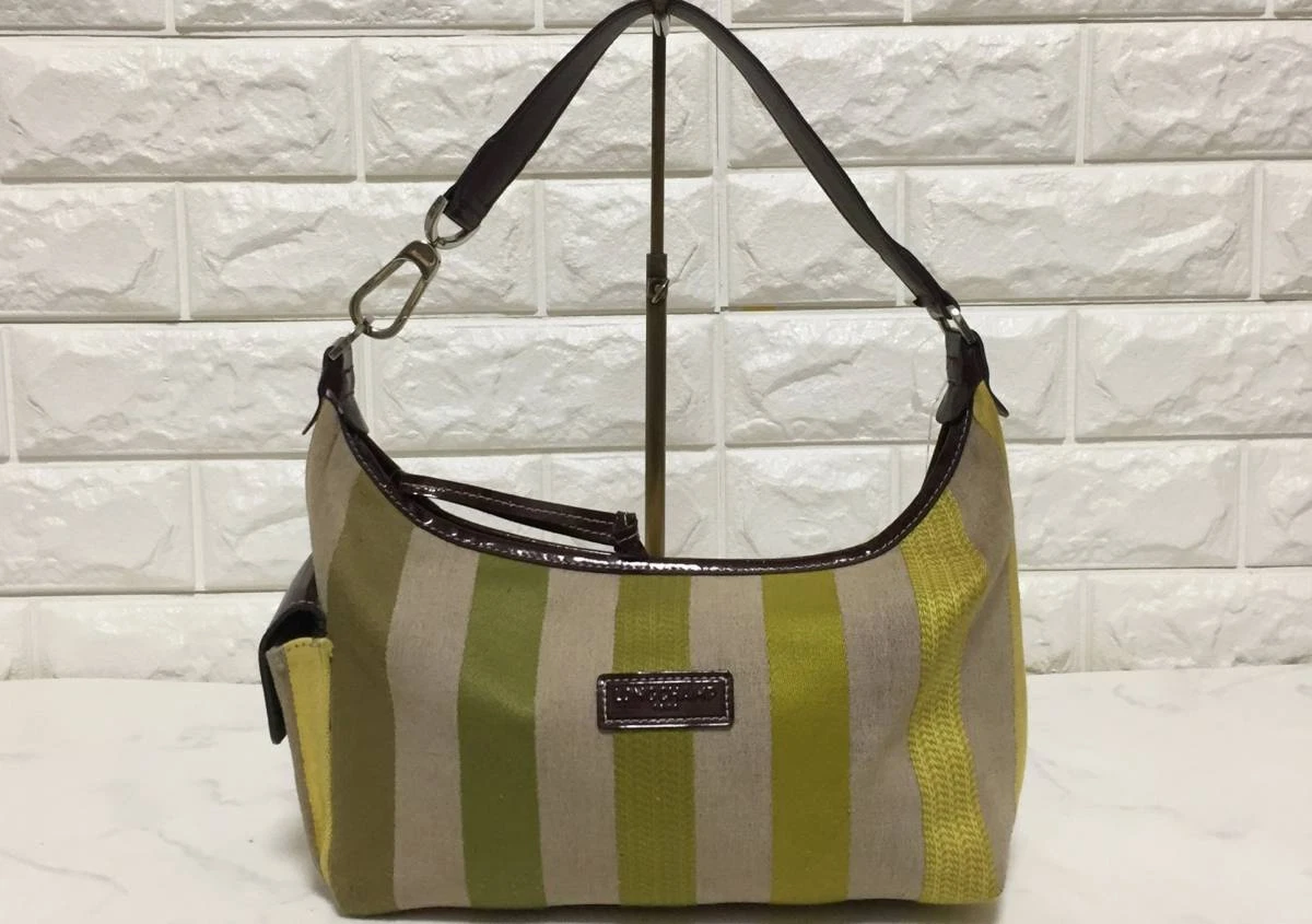 Longchamp Shoulder Bag French Enamel Striped Canvas leather Light Green F/S